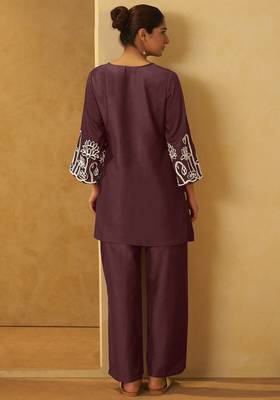 Women coffee embroidered cotton blend straight kurta co-ord set 3