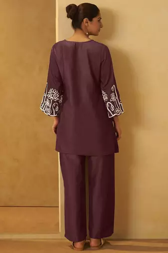 Women coffee embroidered cotton blend straight kurta co-ord set