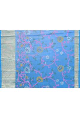Women's sky blue embellished cotton blend printed saree 5