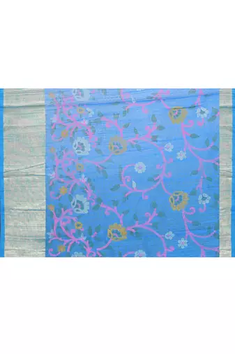 Women's sky blue embellished cotton blend printed saree