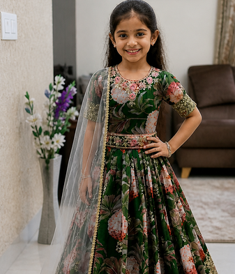  Green Digital Print Gown With Embroidered Sequins