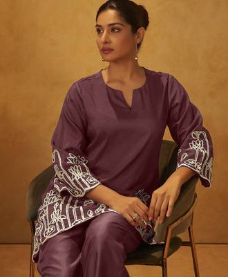 Women coffee embroidered cotton blend straight kurta co-ord set 4