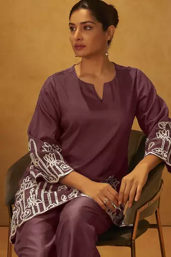 Women coffee embroidered cotton blend straight kurta co-ord set