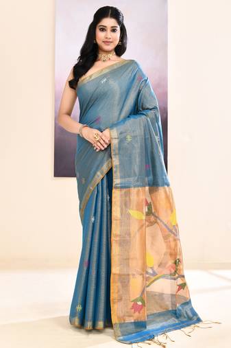 Women's sky blue embellished tissue jamdani saree