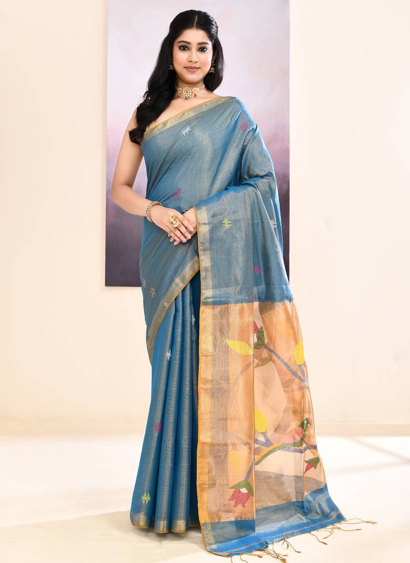Women's sky blue embellished tissue jamdani saree