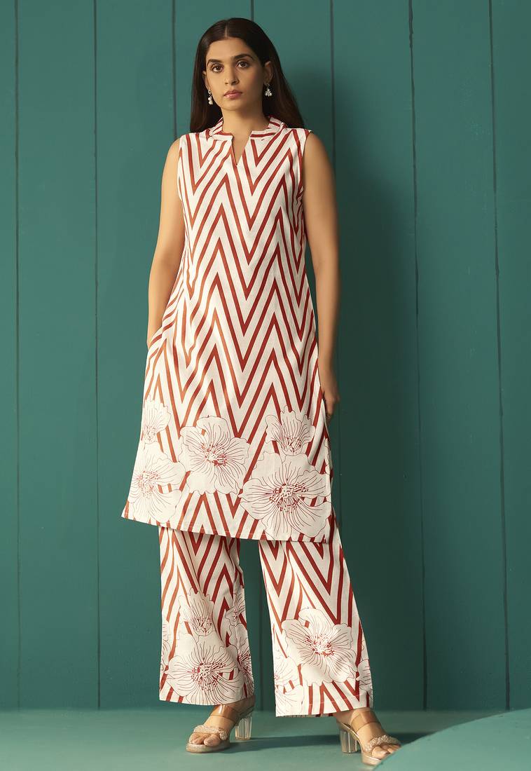 White pure cotton printed co-ord set for women