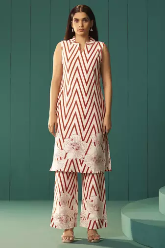 White pure cotton printed co-ord set for women