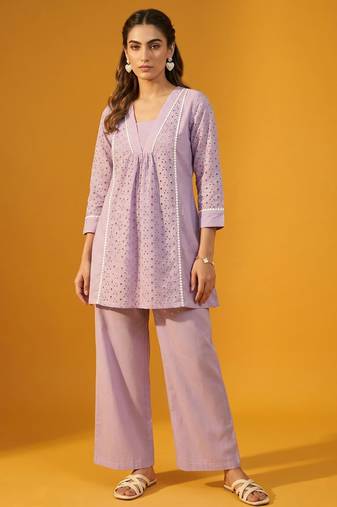 Lilac pure cotton schiffli embroidered fit & flare co-ord set