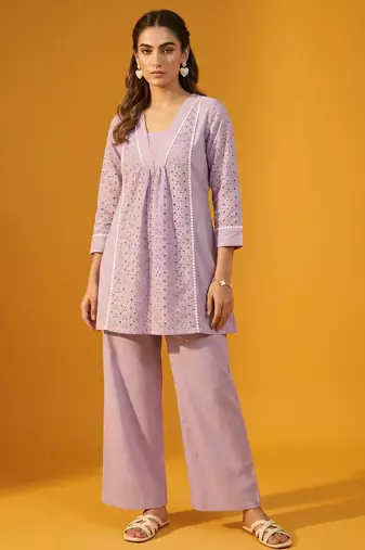 Lilac pure cotton schiffli embroidered fit & flare co-ord set