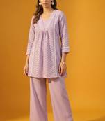 Lilac pure cotton schiffli embroidered fit & flare co-ord set