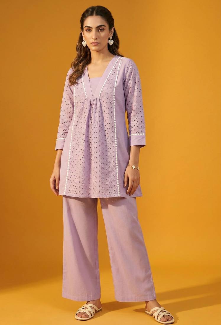 Lilac pure cotton schiffli embroidered fit & flare co-ord set