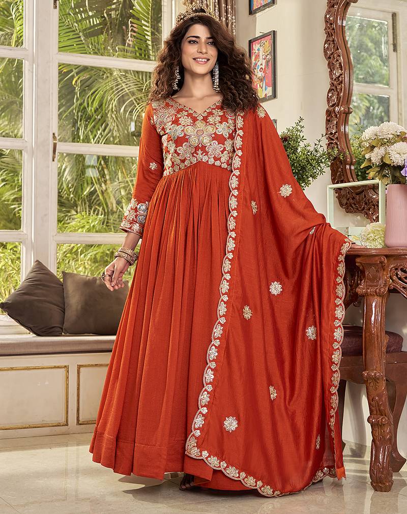 Pure vichitra embroidered gown with heavy cording sequence work & dupatta
