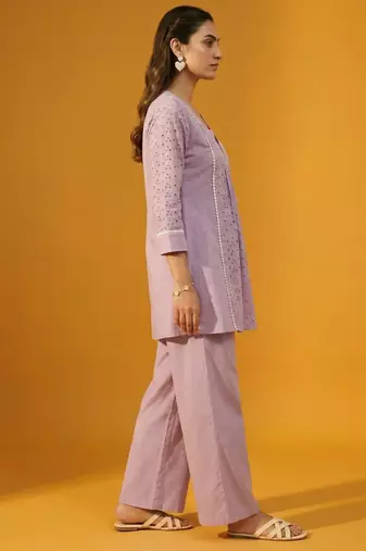 Lilac pure cotton schiffli embroidered fit & flare co-ord set