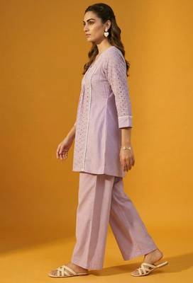 Lilac pure cotton schiffli embroidered fit & flare co-ord set 3