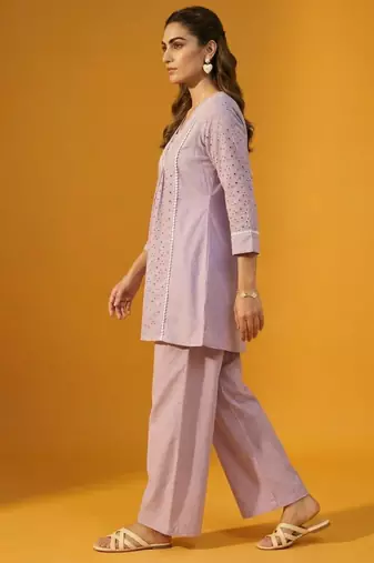 Lilac pure cotton schiffli embroidered fit & flare co-ord set