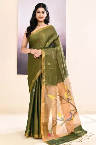 Women's moss green embellished tissue jamdani saree