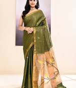 Women's moss green embellished tissue jamdani saree