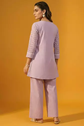 Lilac pure cotton schiffli embroidered fit & flare co-ord set