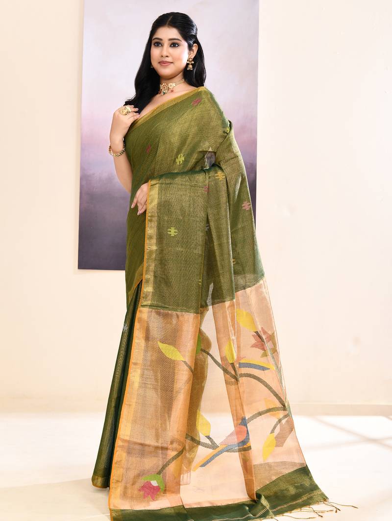 Women's moss green embellished tissue jamdani saree