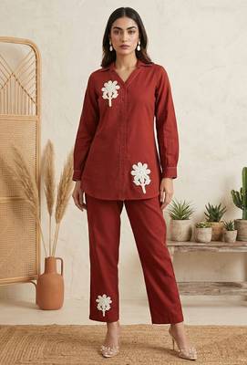 Rust pure cotton embroidered butta straight co-ord set 1