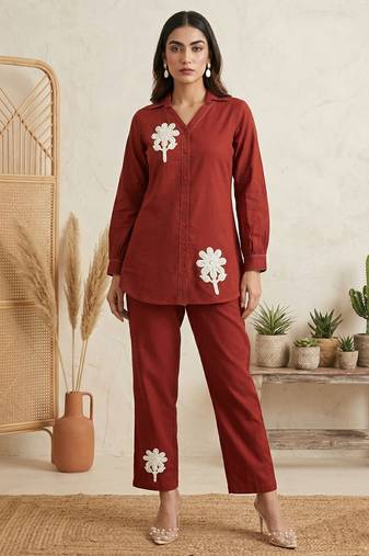 Rust pure cotton embroidered butta straight co-ord set