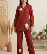 Rust pure cotton embroidered butta straight co-ord set