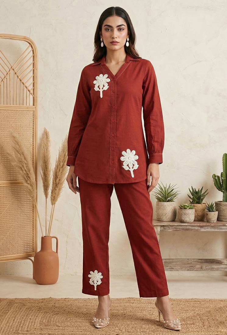 Rust pure cotton embroidered butta straight co-ord set