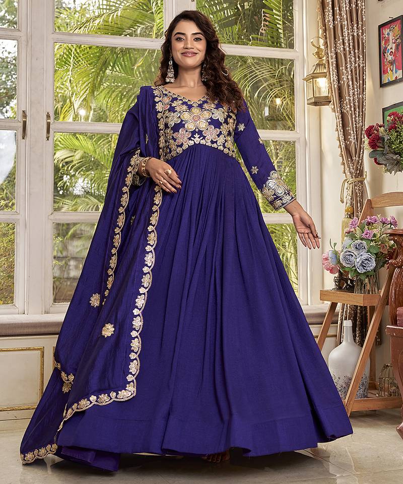 Pure vichitra embroidered gown with heavy cording sequence work & dupatta
