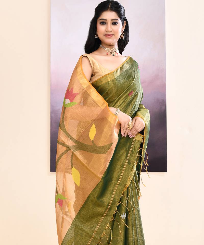 Women's moss green embellished tissue jamdani saree