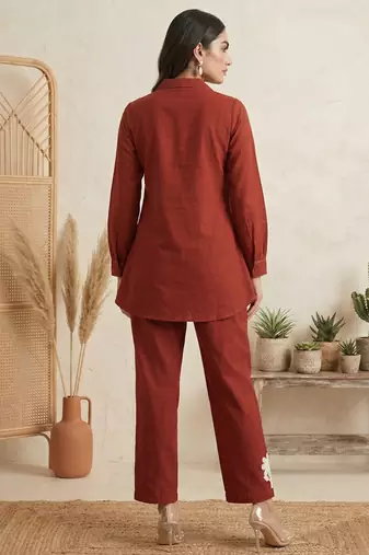 Rust pure cotton embroidered butta straight co-ord set