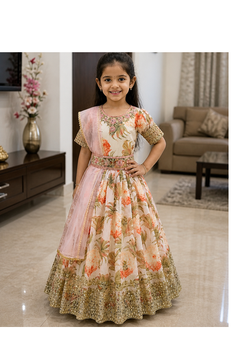 Cream Digital Print gown With Embroidered Sequins  1