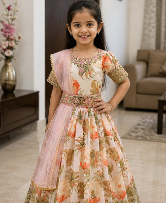 Cream Digital Print gown With Embroidered Sequins 