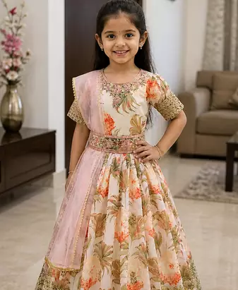 Cream Digital Print gown With Embroidered Sequins 