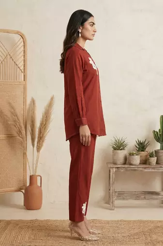 Rust pure cotton embroidered butta straight co-ord set