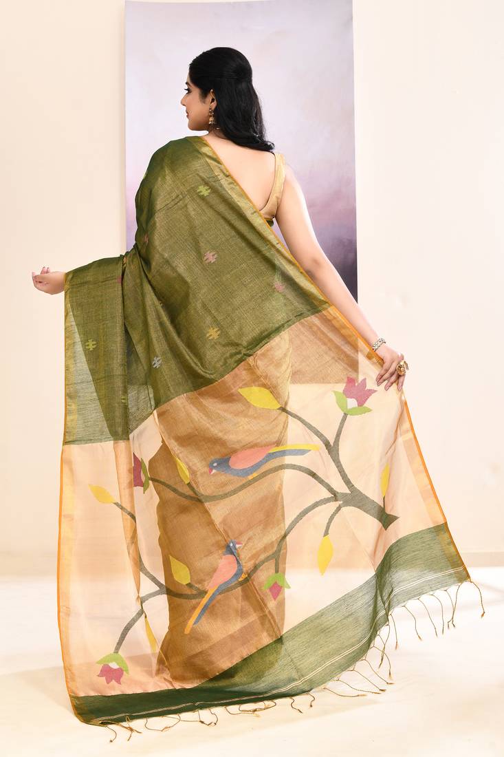 Women's moss green embellished tissue jamdani saree
