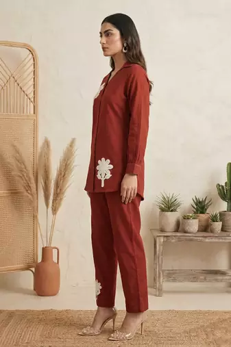 Rust pure cotton embroidered butta straight co-ord set