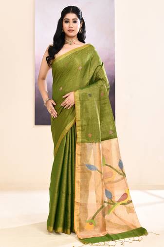 Women's olive embellished tissue jamdani saree