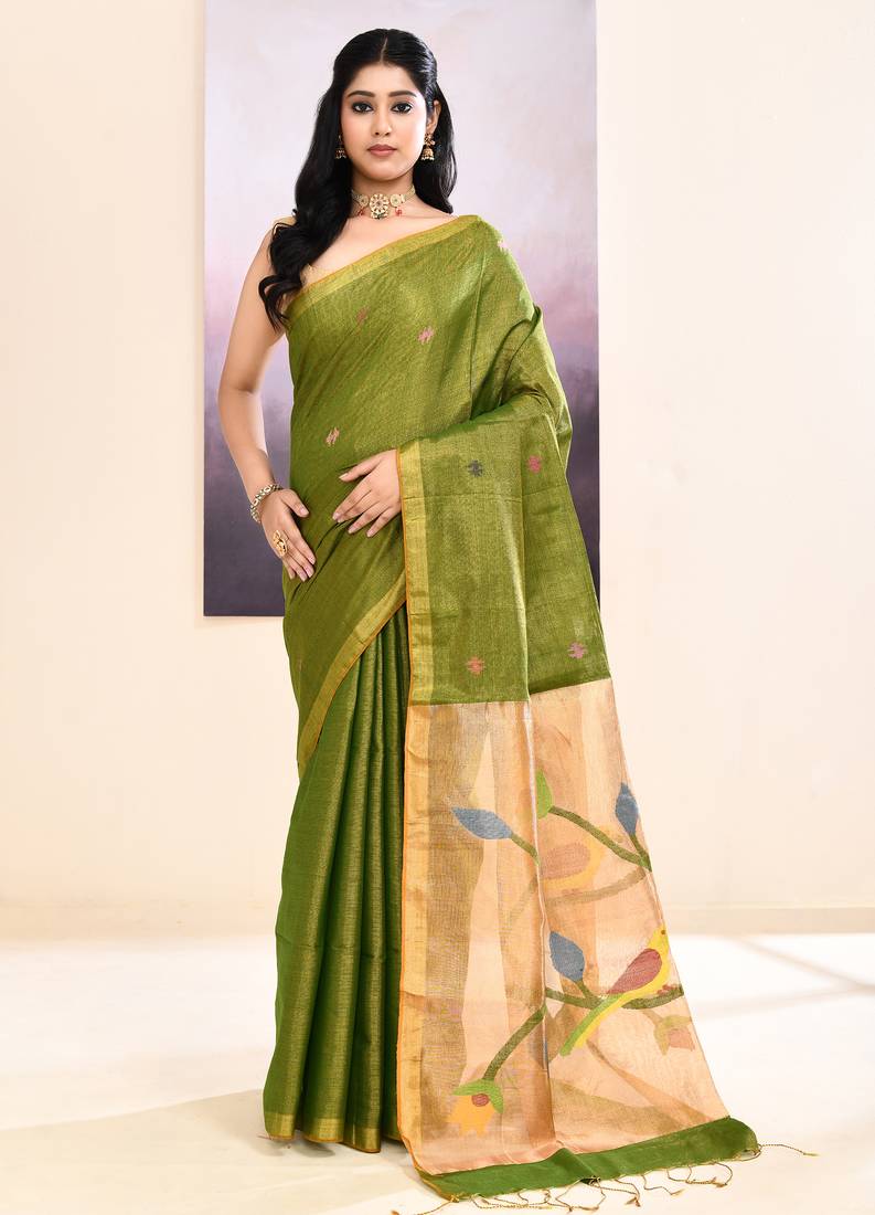 Women's olive embellished tissue jamdani saree
