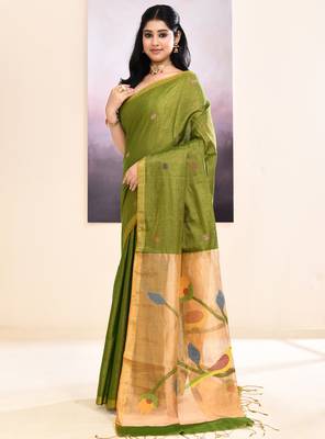 Women's olive embellished tissue jamdani saree 2