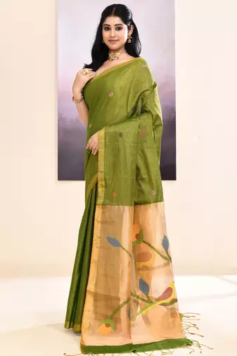 Women's olive embellished tissue jamdani saree