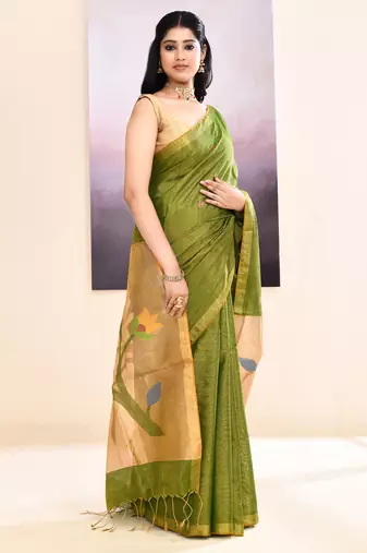 Women's olive embellished tissue jamdani saree