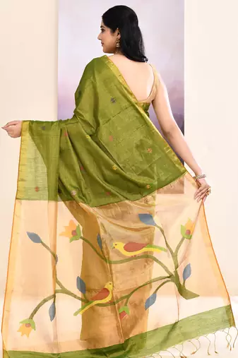 Women's olive embellished tissue jamdani saree