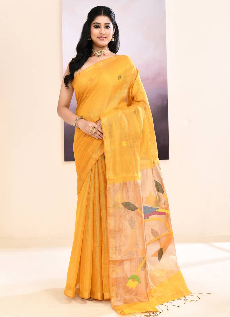 Women's yellow embellished tissue jamdani saree