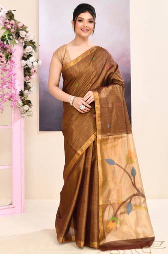 Women's brown embellished tissue jamdani saree