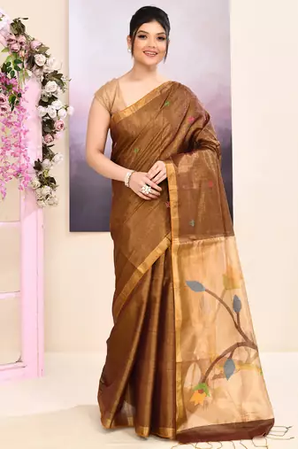 Women's brown embellished tissue jamdani saree