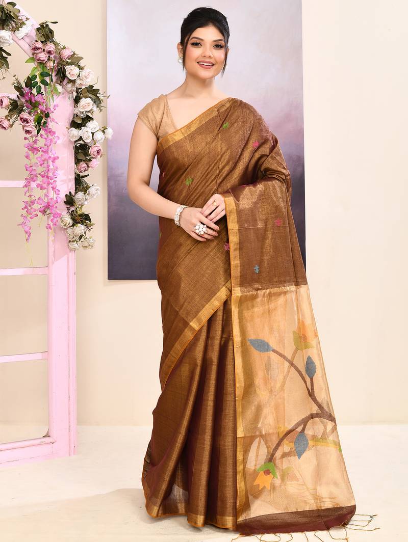 Women's brown embellished tissue jamdani saree