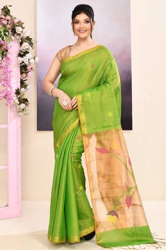 Women's green embellished tissue jamdani saree