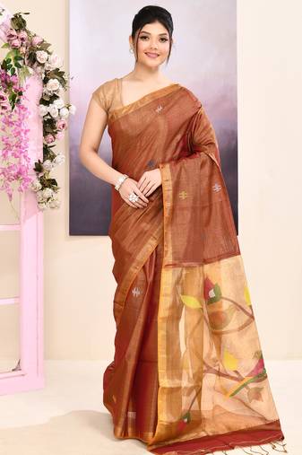 Women's brown embellished tissue jamdani saree