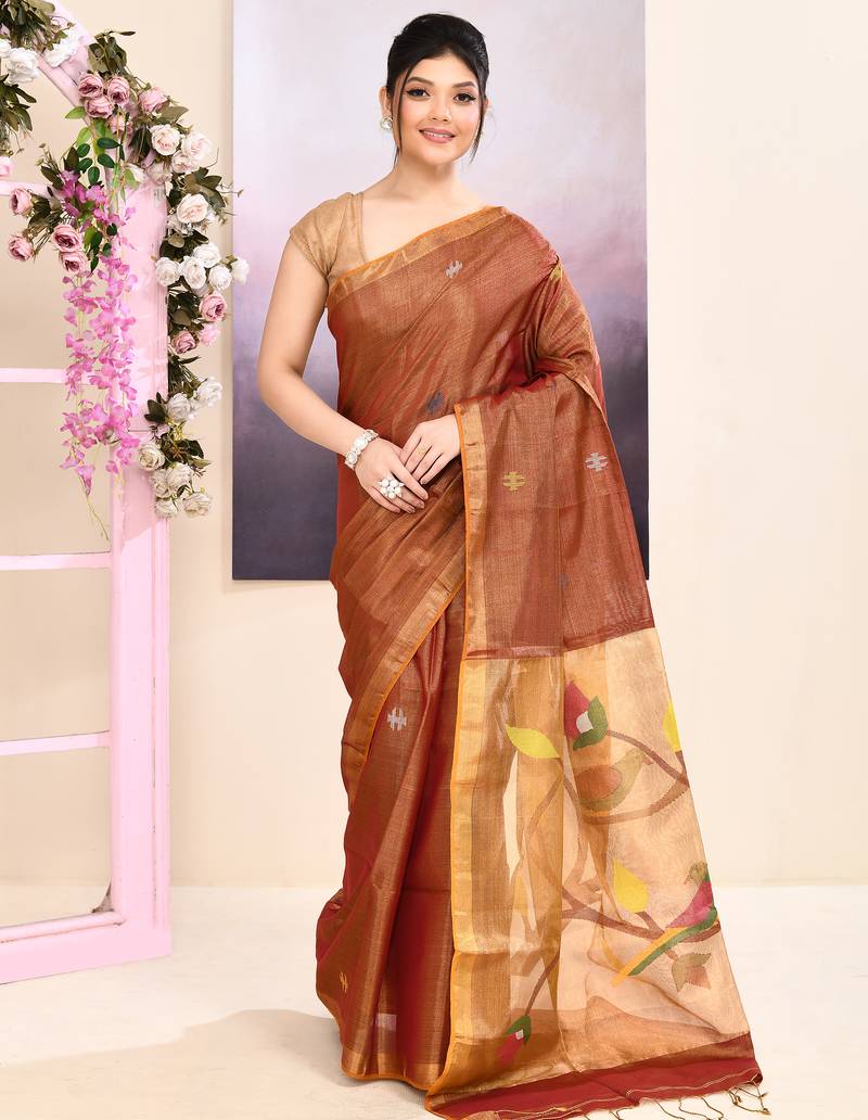 Women's brown embellished tissue jamdani saree
