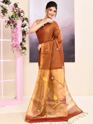 Women's brown embellished tissue jamdani saree 2
